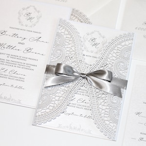 Custom Wedding Invitation Silver and White Elegant Lace Invitation Laser cut Handmade Wedding Card Vintage Glam Wedding Invitation Monogram