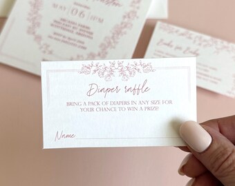 Diaper Raffle cards and Books for Baby cards to match Pink floral wreath baby shower invite