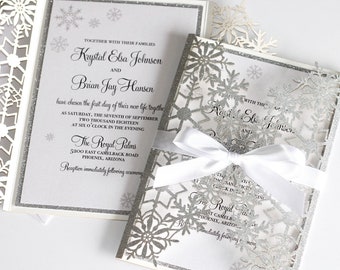 Winter Wedding Invitation Silver Glitter Snowflake Invitation Elegant Wedding Invite Custom Laser Cut Invite Personalized Wedding Stationery