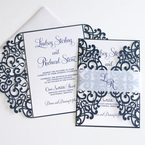 Navy Blue Wedding Invitation Custom Printed Lace Lasercut Wedding Invite Elegant Wedding Invite Scroll Fall Wedding Invite Vellum Belly band