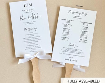 PRINTED Wedding Program Fan Modern Wedding Ceremony Fan Custom Order of Service Elegant Bow Wedding Decor Black White Ceremony Program Fan