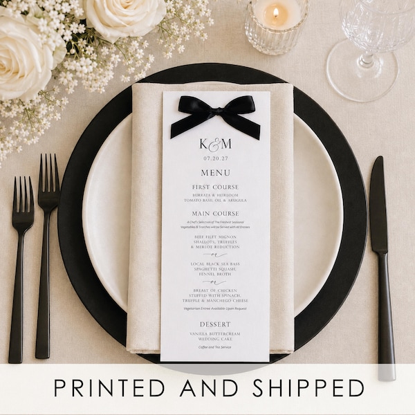 Modern Menu with Bow Printed Wedding Table Decor Coquette Menu Reception Custom Table Menu for Event Classic Wedding Decor Personalized Menu