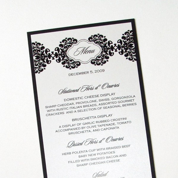 Courtney Damask Menu Cards - Wedding Menus - Table Menu Cards - Black and White Wedding Decor - Reception Stationery