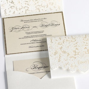 Ivory Lace Wedding Invitation Damask Creme Champagne Custom Wedding Invitation LaserCut Invitation Elegant Wedding Invite Vintage Glam theme