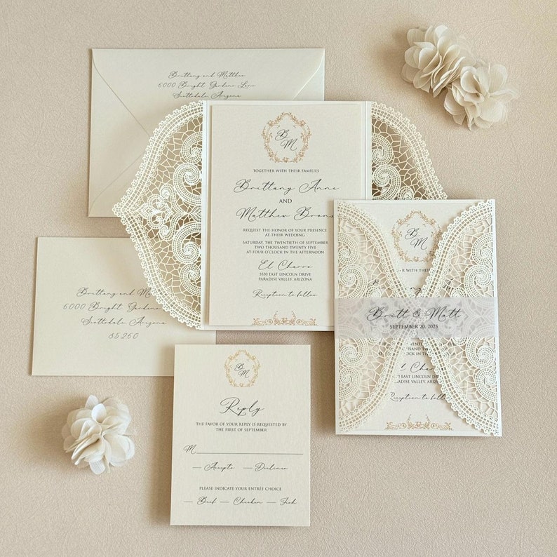 Laser cut Handmade Wedding Card Vintage Glam Wedding Invitation Botanical Monogram
