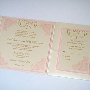 Eva Vintage Wedding Invitation Square pocket fold Custom Wedding Invitation Ecru, Gold and Light Pink Sample image 3