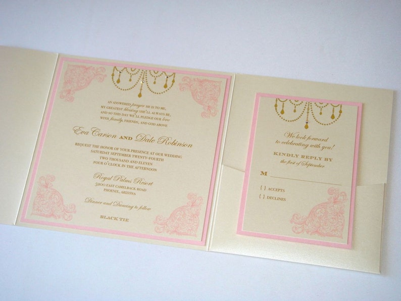 Eva Vintage Wedding Invitation Square pocket fold Custom Wedding Invitation Ecru, Gold and Light Pink Sample image 3