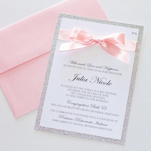 Bat Mitzvah Invitations  Glitter Invitation  Elegant Invitation  Sweet 16  Quinceanera  Bling Invite | Silver Glitter & Pink   SAMPLE