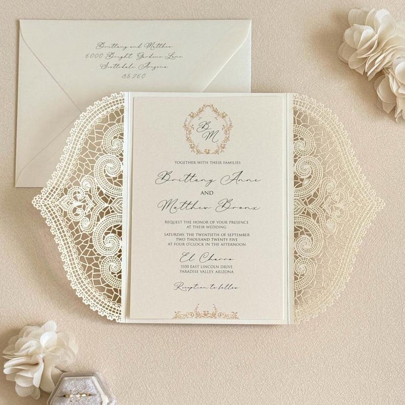 Laser cut Invitation Vintage Glam Wedding Botanical Monogram Wedding card