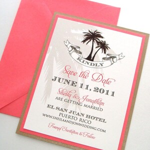 Beach Wedding Invitation Palm Tree Invitation Destination Wedding Invitation Tropical Tan, White, Brown and Coral Sheila Sample image 5