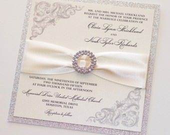 Romantic Wedding Invitation - Elegant Wedding Invite - Glitter Wedding Invitation, Ivory Silver Glitter - Neutral Wedding | Olivia | Printed