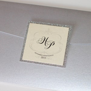 Hayden Die-cut Glitter Wedding Invitation Pocket fold Vintage Wedding Invitation Ivory metallic, Silver Glitter Sample image 2