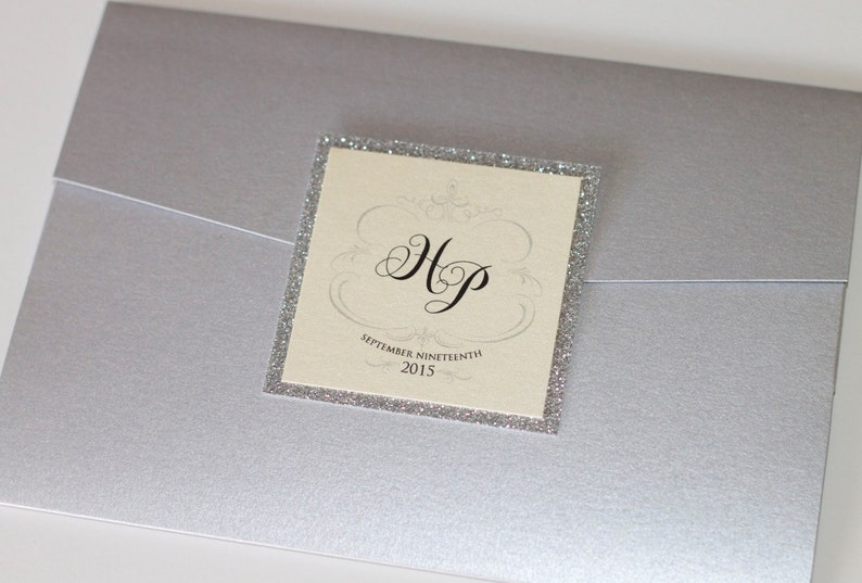 Hayden Die-cut Glitter Wedding Invitation Pocket fold Vintage Wedding Invitation Ivory metallic, Silver Glitter Sample image 2