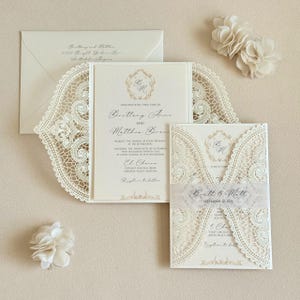 Ivory Lace Wedding Invitation Elegant Gold Wedding Invite Laser cut Handmade Wedding Card