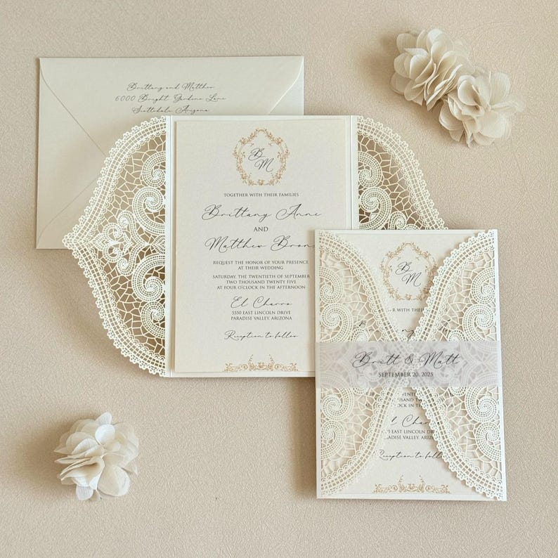 Ivory Lace Wedding Invitation Elegant Gold Wedding Invite Laser cut Handmade Wedding Card