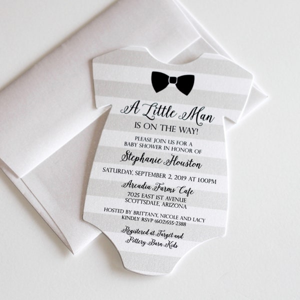 Baby Shower Onesie Invitation - Silver Grey Shower Invite - Baby Boy Invitation - Bow tie Invitation - Little Man Shower | Gentleman Theme