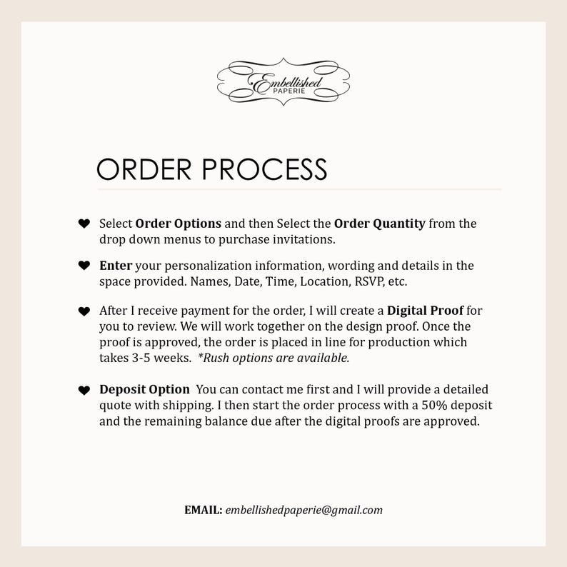 May include: Order process for personalized invitations. Select order options, enter personalization details, and receive a digital proof before production. Deposit option available with a 50% deposit.