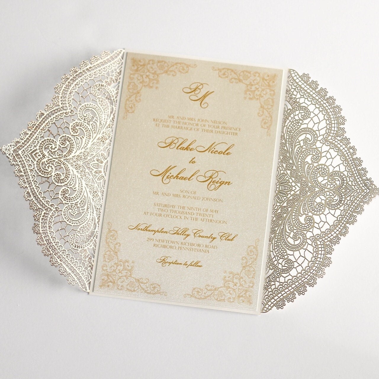Elegant Lace Wedding Invitation Ivory Laser cut Vintage