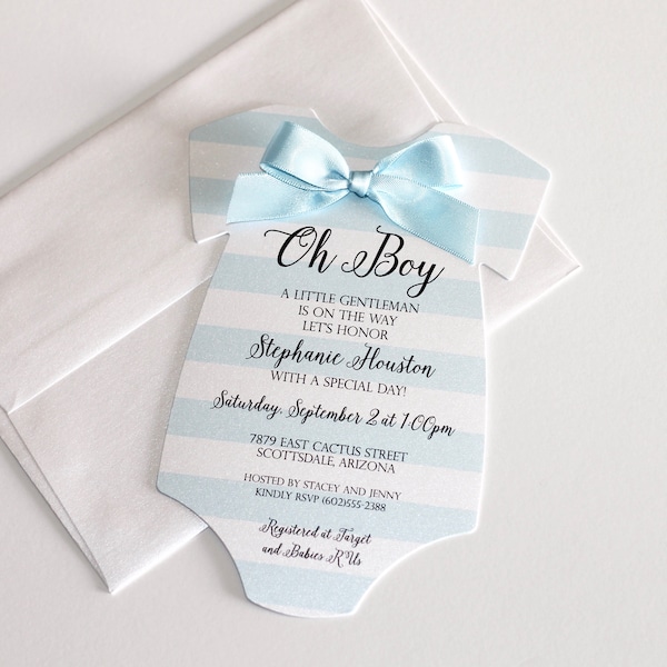 Boy Baby Shower Onesie Invitation - Light Blue Shower Invite - Baby Boy Invite - Bow tie Invitation - Little Man - Gentleman Theme