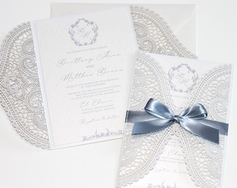 Dusty Blue Wedding Invitation, Elegant Lace Invitation, Laser cut Wedding Invite, Vintage Glam Invitation - Printed Invitation - BRITTANY