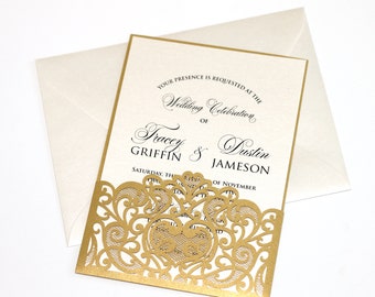 Gold Wedding Invitation | Lace Laser cut Wedding Invite | Elegant Wedding Invite | Classic Wedding | Creme Neutral  | TRACEY | Printed