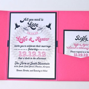 Layla Retro Vintage Wedding Invitation Pocket folder Hot Pink, Navy Blue and White Sample image 2