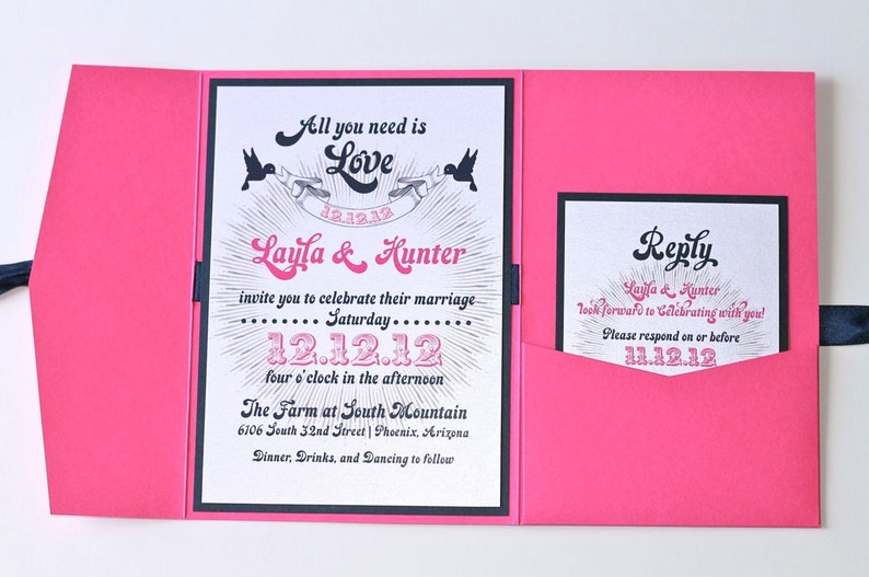 Layla Retro Vintage Wedding Invitation Pocket folder Hot Pink, Navy Blue and White Sample image 2