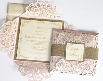 Blush and Gold Wedding Invitation | Elegant Wedding Invite | Lace Wedding Invitation | Laser cut Glitter Invitation | Flourish | GOLDIE
