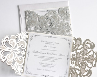 Silver Laser Cut Wedding Invitation | Silver Glitter Invite | Lace Wedding Invitation | Elegant Wedding | Vintage Scroll Flourish | GOLDIE