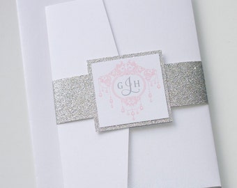 Gemma Glitter Wedding Invitation, White, Silver Glitter, Blush Pink, Elegant Wedding Invitation - Wedding Stationery - Handcrafted - Sample