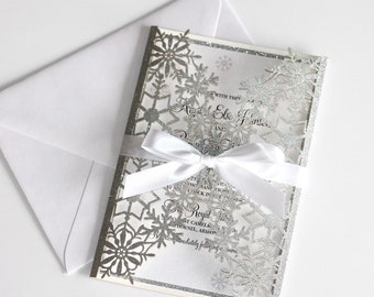 Winter Wedding Invitation | Snowflake Invitation | Elegant Wedding Invite | Laser Cut Wedding Invite |  Silver Glitter | KRYSTAL | Printed