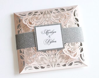 Blush Lace Wedding Invitation | Elegant Wedding Invite | Laser Cut Wedding Invite | Blush Pink & Silver Glitter | MARILYN
