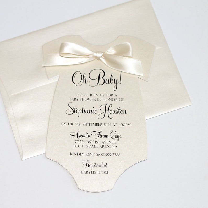 Gender Neutral Baby Shower Invitation Creme Ivory Shower Invitation Bow Onesie Invitation Simple Baby Shower Printed Invitation image 1