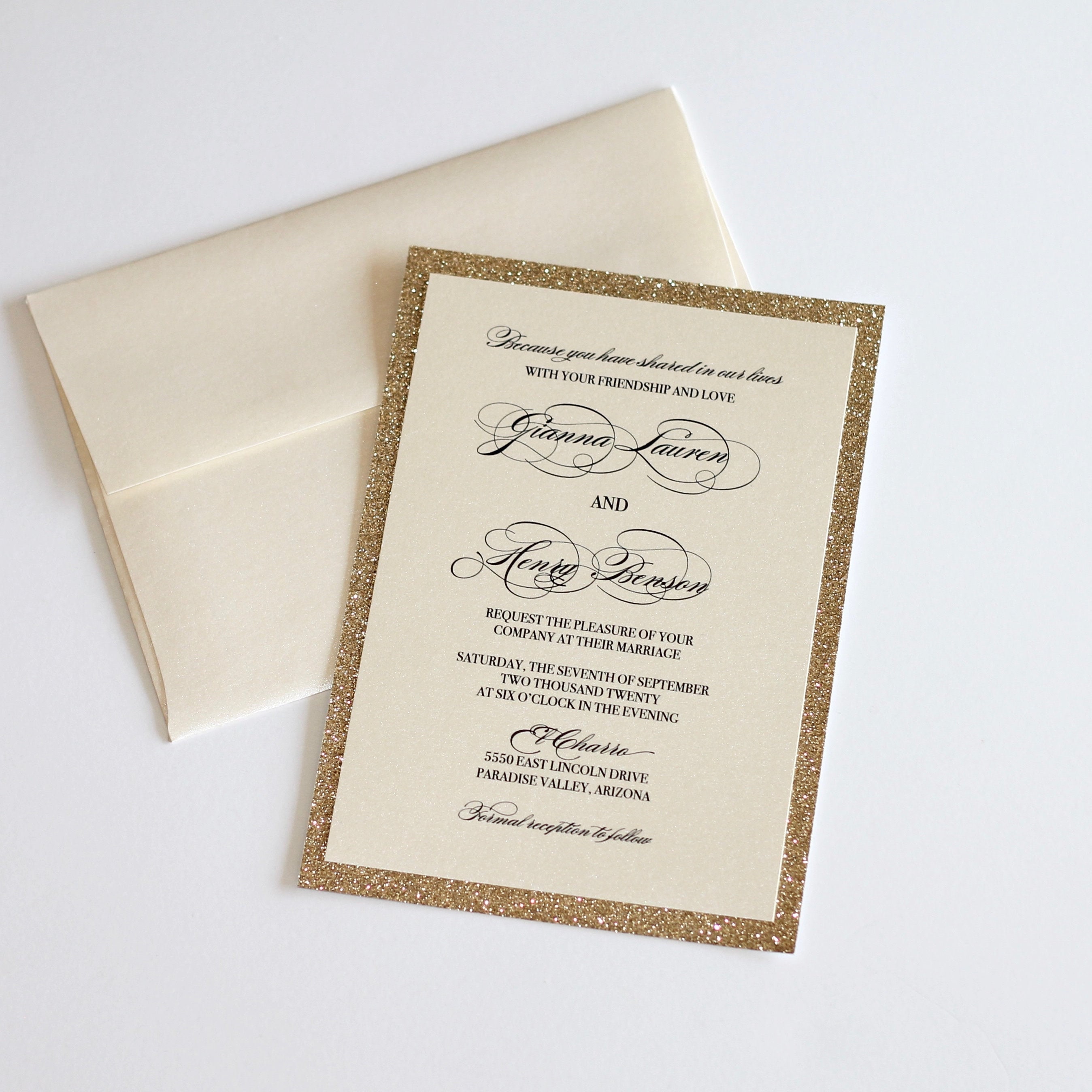 Gold Glitter Multi Layers Wedding Invitations with Ribbon Bow, Customi