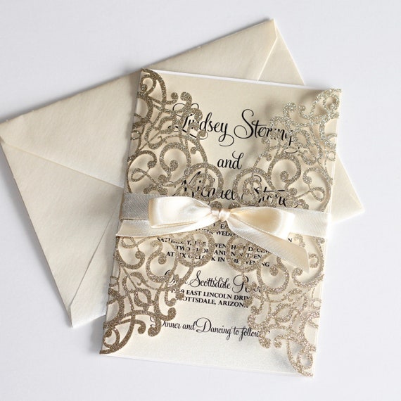 Gold Custom Wedding Invitation Champagne Laser cut folder with Bow Elegant Ivory Personalized Wedding invite Bling Glam Wedding theme