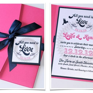 Layla Retro Vintage Wedding Invitation Pocket folder Hot Pink, Navy Blue and White Sample image 1
