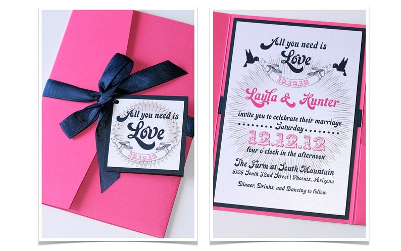 Layla Retro Vintage Wedding Invitation Pocket folder Hot Pink, Navy Blue and White Sample image 1