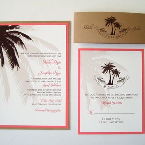 Beach Wedding Invitation Palm Tree Invitation Destination Wedding Invitation Tropical Tan, White, Brown and Coral Sheila Sample image 2
