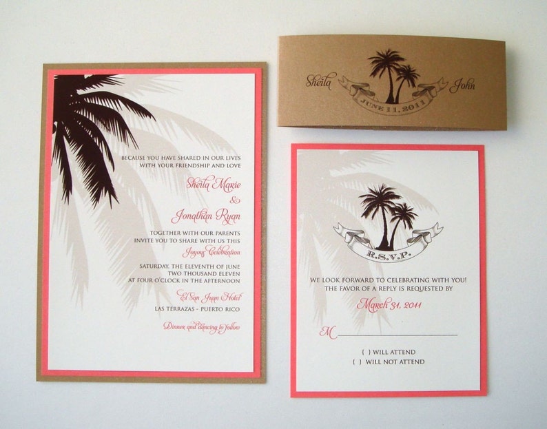 Beach Wedding Invitation Palm Tree Invitation Destination Wedding Invitation Tropical Tan, White, Brown and Coral Sheila Sample image 2