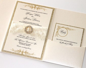 Glitter Wedding Invitation, Lace Wedding Invitation, Vintage Wedding Invitation, Elegant Wedding Invite - Ivory Gold Glitter - Harper Sample