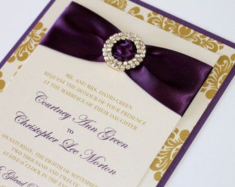 Courtney Damask Wedding Invitation, Embellished Wedding Invitation, Elegant Invitation - Deep Purple, Gold, Ivory