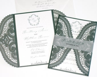 Olive Green Wedding Invitation, Elegant Lace Invitation, Laser cut Wedding Invite, Greenery Invitation - Printed Invitation - BRITTANY