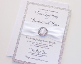 Silver Glitter Wedding Invitation - Elegant Wedding Invitation - Rhinestone Bling Invite, White Silver Invitation - Tamara Sample