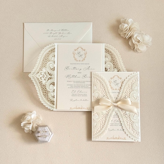 Lace Wedding Invitation Ivory Elegant Gold Wedding Invite Handmade Laser cut Invitation Vintage Glam Wedding Botanical Monogram Wedding card