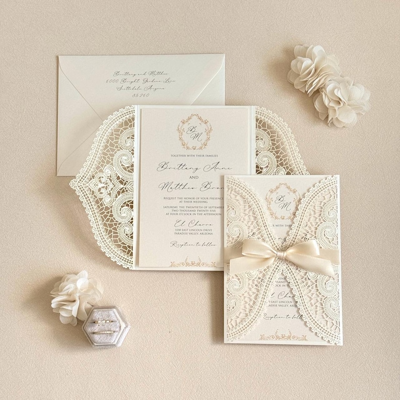 Lace Wedding Invitation Ivory Elegant Gold Wedding Invite Handmade Laser cut Invitation