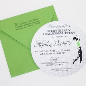 May include: A white and green golf ball themed birthday invitation with a silhouette of a golfer. The invitation is for Stephen Driver's birthday celebration on Saturday, April 21st, 2018 at 5:00 p.m. sharp. The event will be held at Topgolf, 1030 Memorial Brook Blvd., Houston, Texas. RSVP to Michelle at (222) 555-1234.
