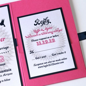 Layla Retro Vintage Wedding Invitation Pocket folder Hot Pink, Navy Blue and White Sample image 4