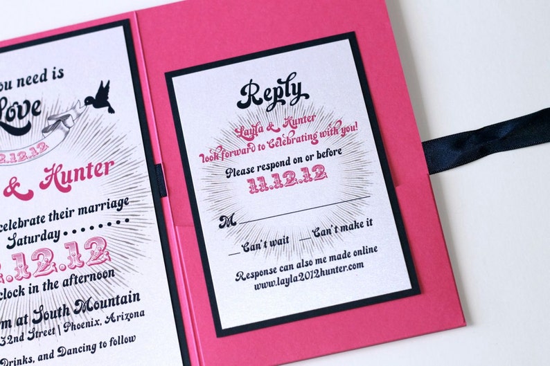 Layla Retro Vintage Wedding Invitation Pocket folder Hot Pink, Navy Blue and White Sample image 4