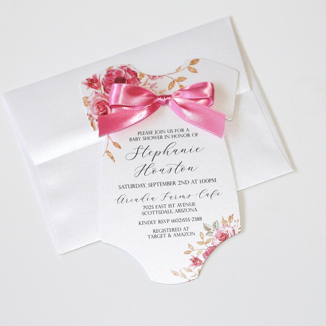 Floral Baby Shower Invitation Bright Pink Boho Shower Invitation Bow