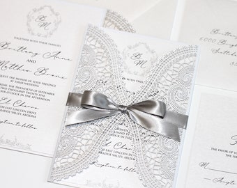 Silver Wedding Invitation, Elegant Lace Invitation, Laser cut Wedding Invite, Vintage Glam Invitation - Printed Invitation - BRITTANY